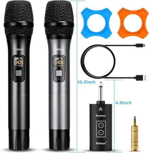 Vista 8 de Micrófono inalámbrico con Bluetooth, sistema de micrófono de metal dinámico de mano dual UHF profesional con receptor recargable, rango de 160 pies