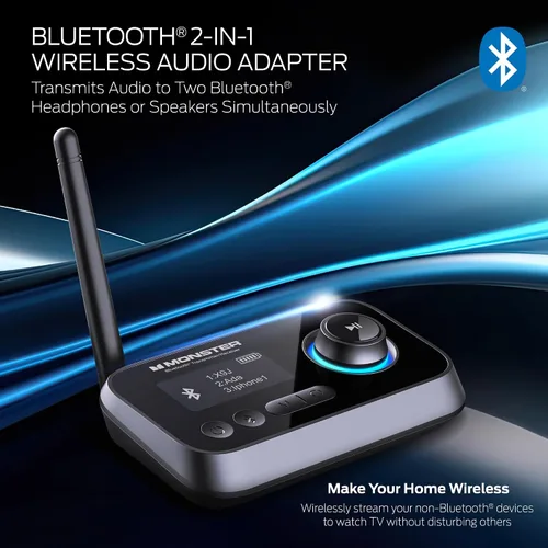 Vista 2 de Transmisor y receptor Bluetooth Monster, adaptador de audio Bluetooth 2 en 1, transmisión a/desde dispositivos no Bluetooth, transmisión de TV a 2