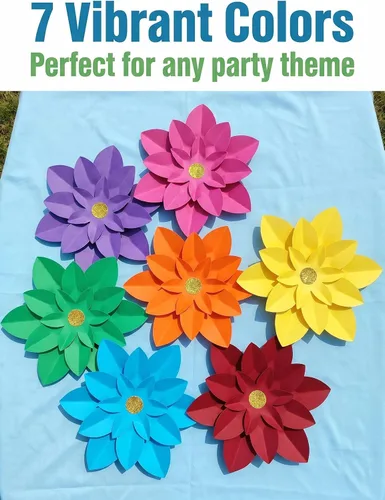 Vista 7 de Juego de 7 flores de papel arcoíris para pared de 10 pulgadas, decoración de telón de fondo para fiesta temática de arcoíris, fiesta de cumpleaños