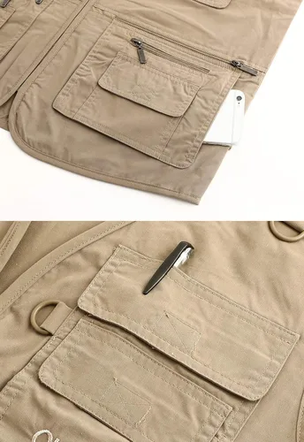 Vista 6 de Hbufnha Chaleco de viaje casual Safari para hombre, 16 bolsillos, chaleco de trabajo al aire libre, chaqueta sin mangas, chaqueta de pesca
