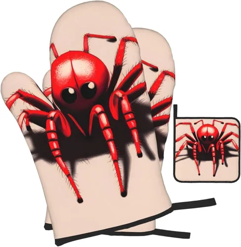Vista 2 de Juego de manoplas de horno y soporte para ollas con diseño de araña roja, material antiquemaduras, grueso y duradero, antiquemaduras y aislado.