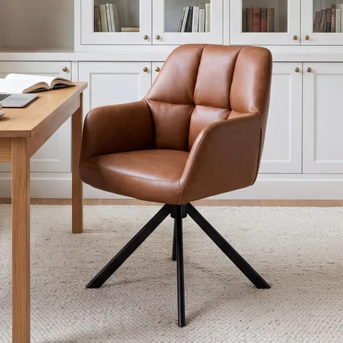 Vista 12 de EALSON Cómoda silla de escritorio de cuero, moderna silla de trabajo para computadora, sin ruedas, silla giratoria con brazo de respaldo medio