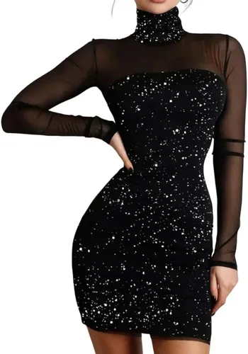 Vista 8 de PHILISENMALL Vestido negro brillante para mujer, manga larga, falda negra con purpurina, vestido de cuello alto para citas, fiestas, club nocturno