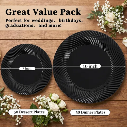Vista 3 de WELLIFE 100Pcs Black Plastic Plates For Party, Black Disposable Plates Include 50 Dessert Plates and 50 Dinner Plates For Wedding, Birthday