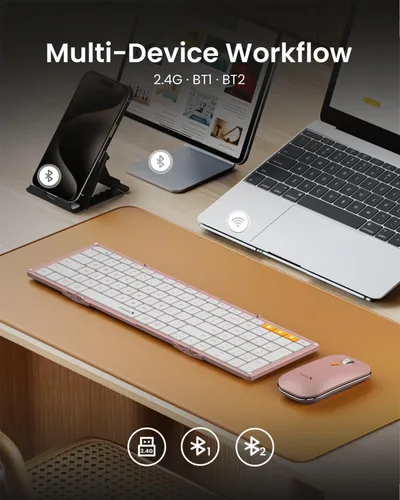 Vista 4 de ProtoArc XKM01 Combo de teclado y ratón plegable de tamaño completo para Rosa