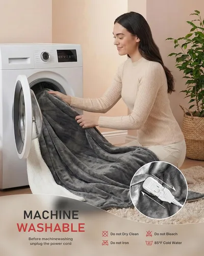 Vista 5 de Manta térmica, manta eléctrica de tamaño matrimonial de 72 x 84 pulgadas con apagado automático, manta de franela ultrasuave de calentamiento