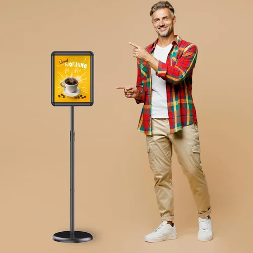 Vista 6 de Soporte de pedestal ajustable para cartel o pizarra de tiza de 8.5 x 11 pulgadas, marco abierto a presión, rotación de 360°, soportes para letreros
