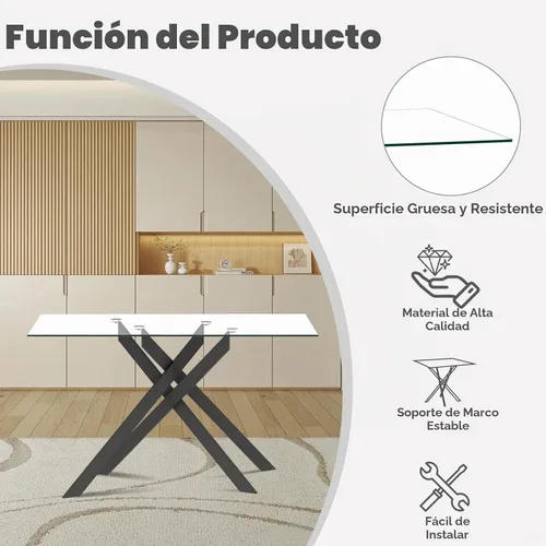 Vista 6 de Juego de mesa de comedor de vidrio de 51 pulgadas para 4 personas con tapa de vidrio templado, color negro Patas de metal negro, sillas de cuero