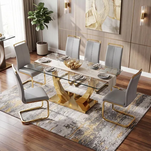 Vista 33 de Juego de mesa de comedor blanca para 6, 71 pulgadas, juego de mesa de comedor de mármol sintético para 6 Modern Dining Table Set for 6, Black PU
