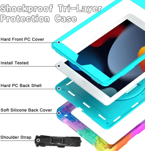 Vista 2 de LTROP Funda para iPad de 9ª/8ª/7ª generación (2021/2020/2019), Funda para iPad de 10.2" a prueba de golpes con correa para el hombro, soporte