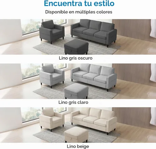 Vista 7 de Mjkone Juego de sofá y silla de 3 piezas con otomana, sofás seccionales de lino de 78 pulgadas de ancho para sala de estar, muebles con bolsillos