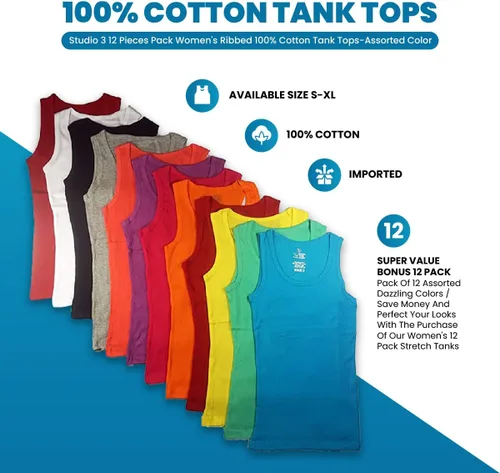 Vista 2 de Studio 3 Paquete de 12 camisetas sin mangas acanaladas 100% algodón para mujer, colores surtidos