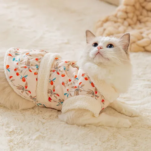 Vista 4 de Abrigo para perro, pijama de invierno para gatos, pequeños trajes de algodón floral para perro, chaqueta acolchada para perro, overol para mascotas