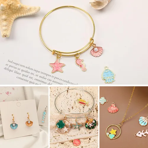 Vista 6 de MARFOREVER - 120 dijes de mar con temática oceánica para hacer joyas, dijes de playa Assorted Gold Enamel Starfish Seashell Marine Pendants