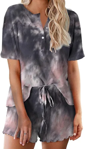 Vista 24 de Ekouaer Conjunto de pijamas teñidos con técnica tie dye para mujer, ropa de dormir, 2 piezas, conjuntos de pijamas, ropa de relajación A-tie Dye