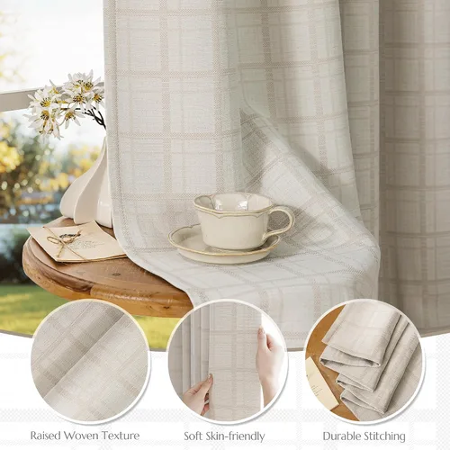 Vista 4 de Beauoop Cortinas Opacas de Jacquard a Cuadros Beige de 96 Pulgadas de Largo, 2 Paneles para Dormitorio y Sala de Estar, Cuadros Vichy