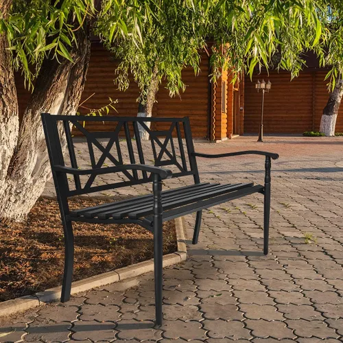 Vista 6 de S AFSTAR Banco de jardín al aire libre, asiento de metal para porche con asiento y respaldo decorativo, sofá biplaza para 2 personas para patio