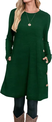 Vista 3 de OFEEFAN - Vestido de invierno con manga larga, bolsillos y botones laterales para mujer