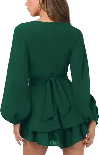 Vista 3 de Hocuos Vestido corto casual de manga larga con cuello en V para mujer, con lazo en la cintura, dobladillo con volantes, acampanado, casual, corto