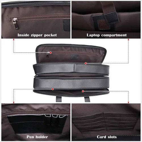Vista 6 de Maletín de cuero de grano completo para hombre grande de 17 pulgadas de viaje de negocios bolsa de mensajero portátil con cremalleras de metal YKK