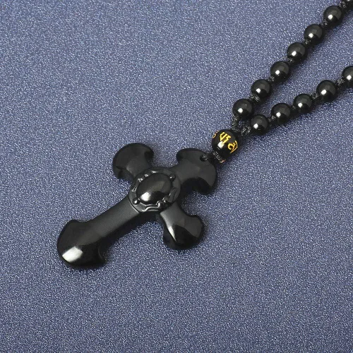 Vista 2 de Collar de obsidiana natural con dije de protección de amuleto de la suerte con cadena de cuentas ajustable, talismán de cristal negro, joyería