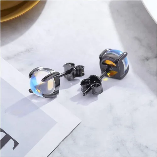 Vista 2 de Cuoka - Aretes con piedra lunar sintética y plata esterlina 925, redondos e hipoalergénicos para orejas sensibles, para mujer