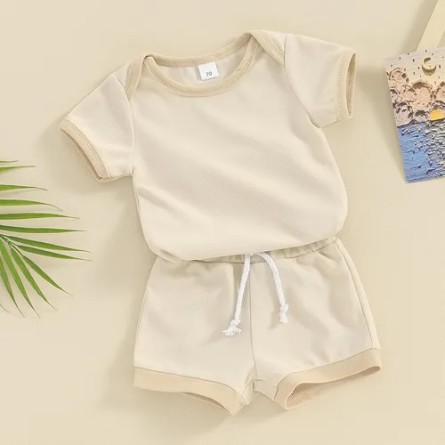 Vista 6 de Ropa de verano para recién nacido, ropa acanalada de manga corta, pantalones cortos de cintura elástica sólida, traje de primavera