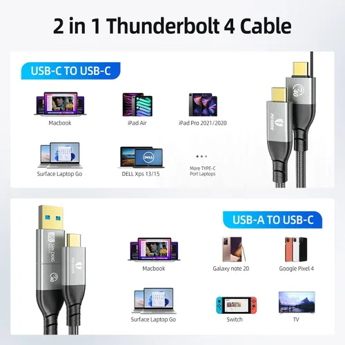 Vista 2 de SAN ZANG MASTER para Thunderbolt 4 Cable 40Gbps 2 en 1 Cable USB C 100w 3.3FT con 5FT
