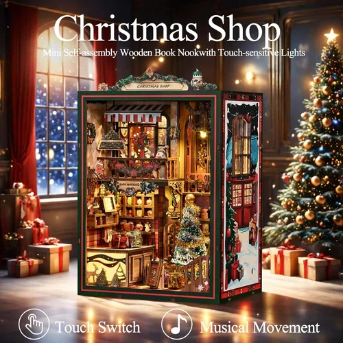 Vista 2 de Kit de rincón de libro de Navidad, casa de muñecas en miniatura 3D, rompecabezas de madera con caja de música, luz LED, regalos de Navidad