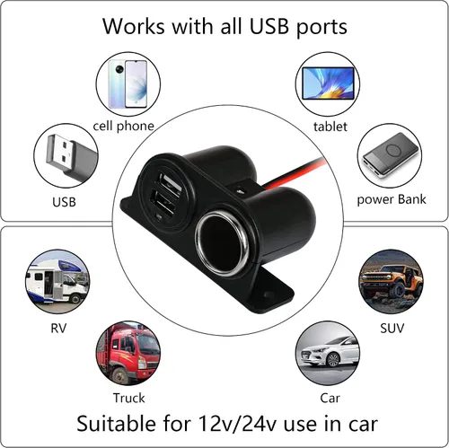 Vista 4 de Enchufe USB para encendedor de cigarrillos de 12 V, doble salida USB con cubierta para encendedor y cable, para automóvil, camión, RV, teléfono, etc