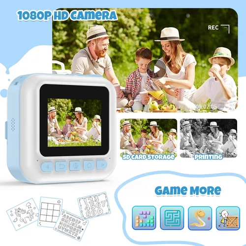 Vista 3 de Cámara para Niños Varones, Cámara de Juguete Portátil de Impresión Azul para Niños Pequeños 1080P Cámaras de Video Niños Cámara de Impresión