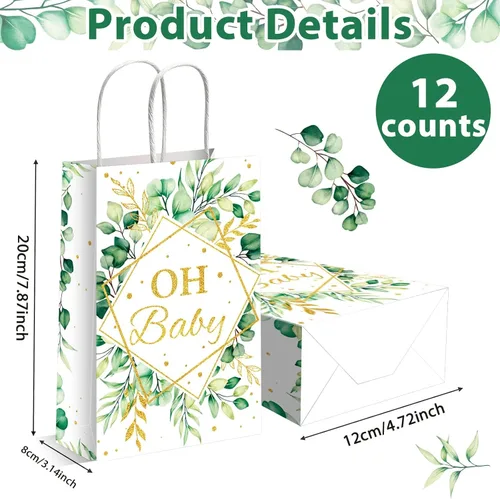 Vista 2 de 12 bolsas de regalo de fiesta Oh Baby de color verde salvia, bolsas de golosinas de hojas de eucalipto (4.7 x 3.1 x 7.9 pulgadas), bolsa de regalo