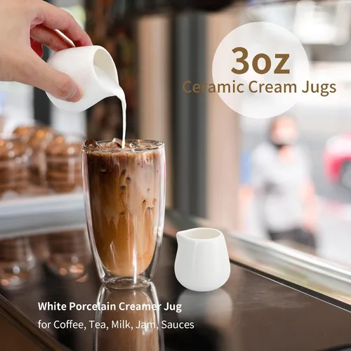Vista 5 de 12 mini crema de cerámica, jarra pequeña de crema de porcelana de 3 onzas, jarra pequeña de jarabe, jarra de crema de café, dispensador de crema