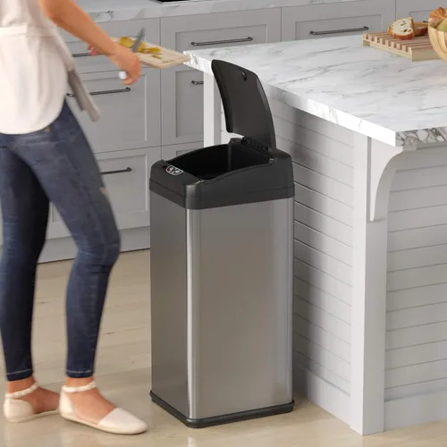 Vista 4 de iTouchless Bote de basura sin contacto con sensor automático de 13 galones con adaptador de CA y sistema de control de olores de acero inoxidable