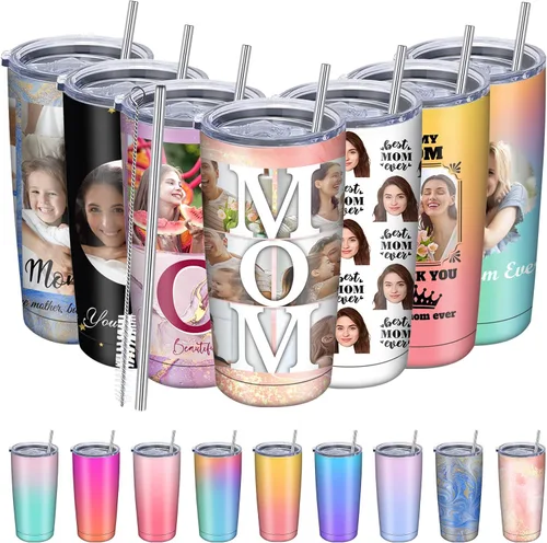 Vista 15 de Regalos para el Día de la Madre, vaso personalizado con foto de mamá, vasos delgados con tapa de nombre y pajita, 20 onzas, taza de café de viaje