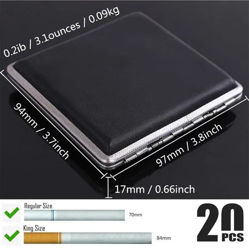 Vista 6 de Caja de cigarrillos elegante de cuero con superficie de metal para 20 cigarrillos, caja de cigarrillos para hombres y mujeres, regalo ideal