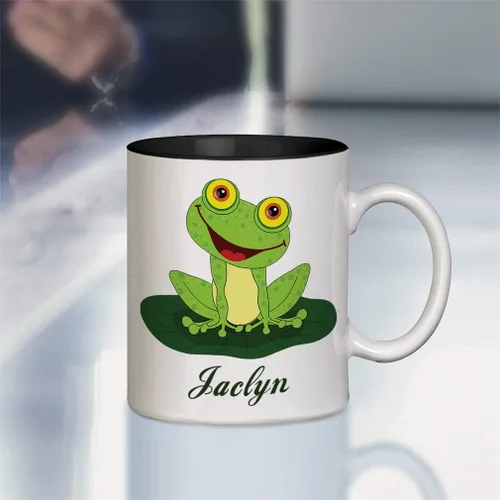 Vista 2 de Texto personalizado personalizado Happy Frog Taza de café de color interior de cerámica Negro