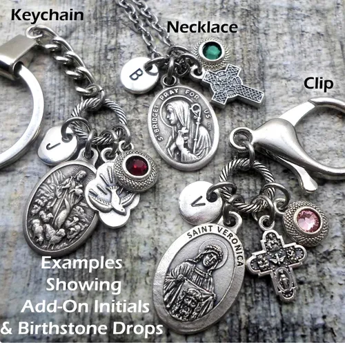 Vista 5 de Collar de oración de Arcángel Rafael, llavero o clip, joyería católica de San Patrón, personalizable con opción inicial o piedra natal de cristal