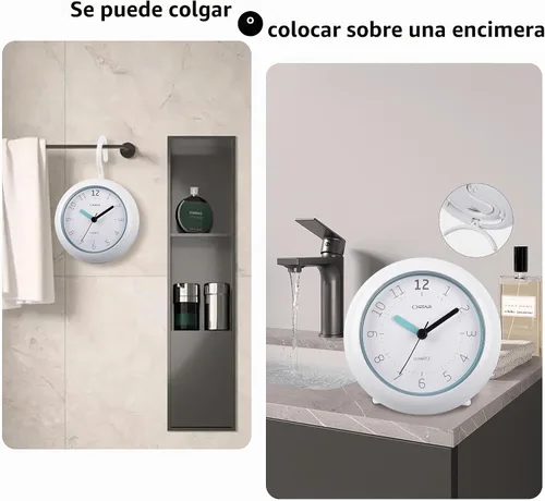 Vista 2 de OSTAR Reloj de ducha de baño impermeable, reloj analógico de cuarzo, soporte colgante de doble propósito, funciona con pilas AA, tamaño redondo