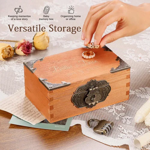 Vista 4 de Caja de recuerdos de boda personalizada con cerradura, caja de memoria decorativa de madera, caja de almacenamiento de fotos, aniversario