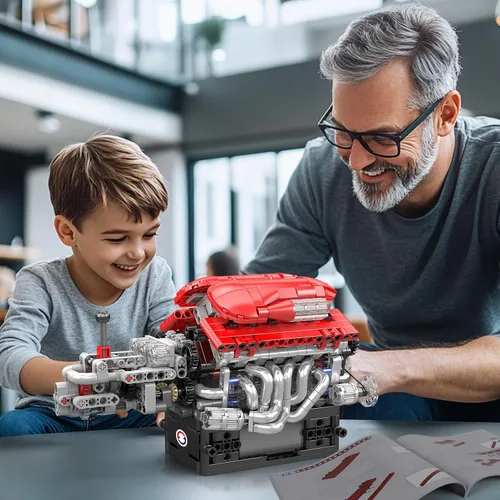 Vista 6 de Mould King 10226 FE Supercar V12 Kit de construcción de motor con caja de cambios, modelo mecánico de más de 863 piezas con transmisión de múltiples