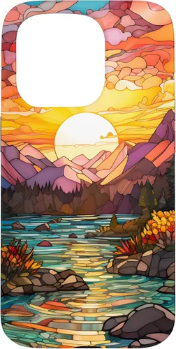 Vista 14 de iPhone 16 Sunset Stained Glass Mosaic Landscape Scene Case