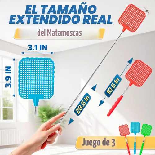 Vista 2 de Matamoscas para interiores, paquete de 3 unidades telescópicas de 28.6 pulgadas de mango largo
