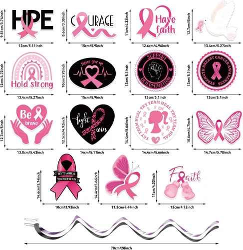 Vista 2 de 60 piezas de remolinos de fiesta de concientización sobre el cáncer de mama, cinta rosa, remolinos colgantes, esperanza, fuerza, coraje, fe, negro