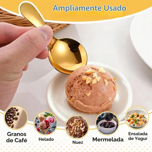 Vista 5 de 5 mini cucharas de helado para recipientes, mini cucharas doradas para servir dulces, acero inoxidable, mango corto, condimentos de sal, cucharas