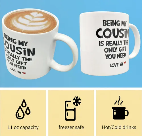 Vista 5 de Divertido regalo para primas para mujer, taza de cerámica de 11 onzas, llavero para prima, regalo de cumpleaños para prima, taza de primo favorito