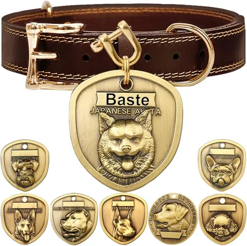 Vista 25 de Collar de cuero auténtico para perro + Juego de etiqueta para perro bulldog con relieve 3D (XS-S)