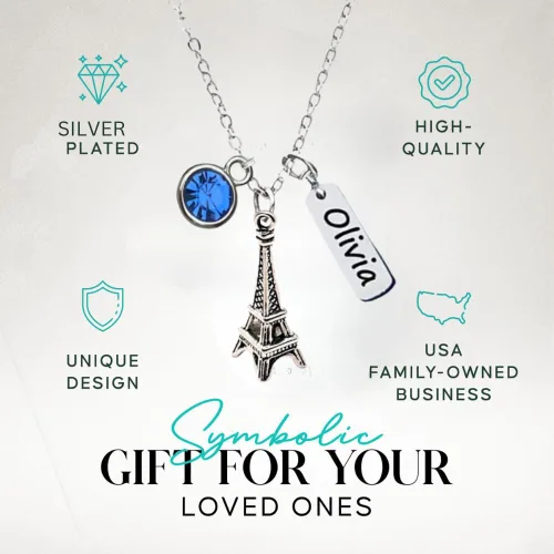 Vista 2 de Collar personalizado de la torre Eiffel, piedra natal personalizada con nombre grabado en la torre Eiffel, colgante de torre Eiffel para mujer