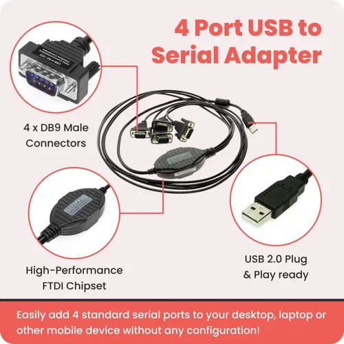 Vista 2 de Gearmo Adaptador serie USB a RS232 de 4 puertos con chipset FTDI – Compatible con Windows 11, 10, 8, 7, Linux y Mac, cuenta con Plug-and-Play sin