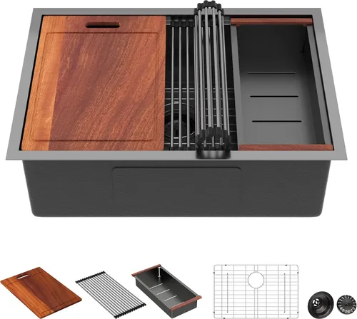 Vista 25 de Sarlai Fregadero de cocina empotrado de 30 pulgadas dorado - Fregadero de cocina de 76,2 cm x 45,7 cm con repisa para estación de trabajo de acero